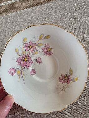 Cream Floral Bone China Saucer with Pink Flower Accents